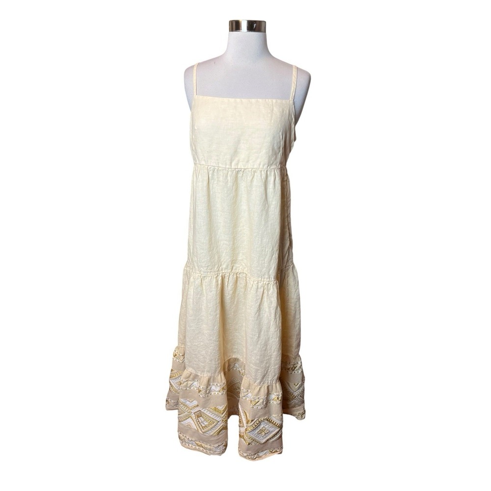 Haris Cotton Linen Dress Small Yellow Embroidered made in Greece Sleeveless